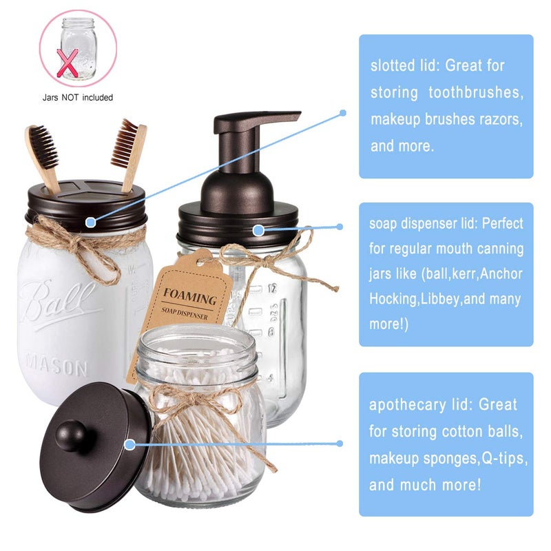 Komashr Mason Jar Bathroom Accessories Set(4pcs)- Jars Not Included - Foaming Soap Dispenser,Toothbrush Holder, and Apothecary Storage Jars Lids -Rustic Farmhouse Decor,Brown - Image 2